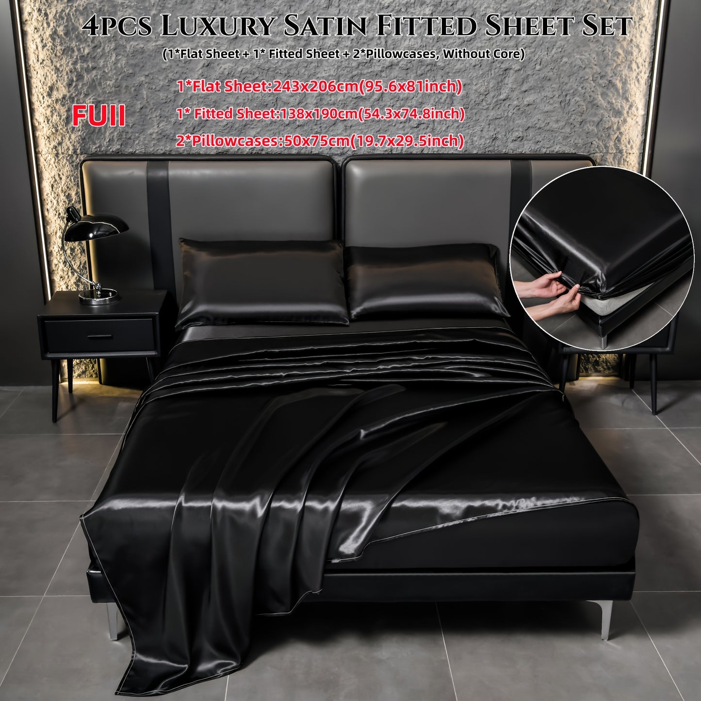 Deluxe satin fitted bed sheet set (1pc flat bed sheet +1pc fitted bed sheet +2pcs pillowcase, without core) high brightness, non-slip, breathable, reversible, long washing as new, suitable for bedrooms, guest rooms, hote