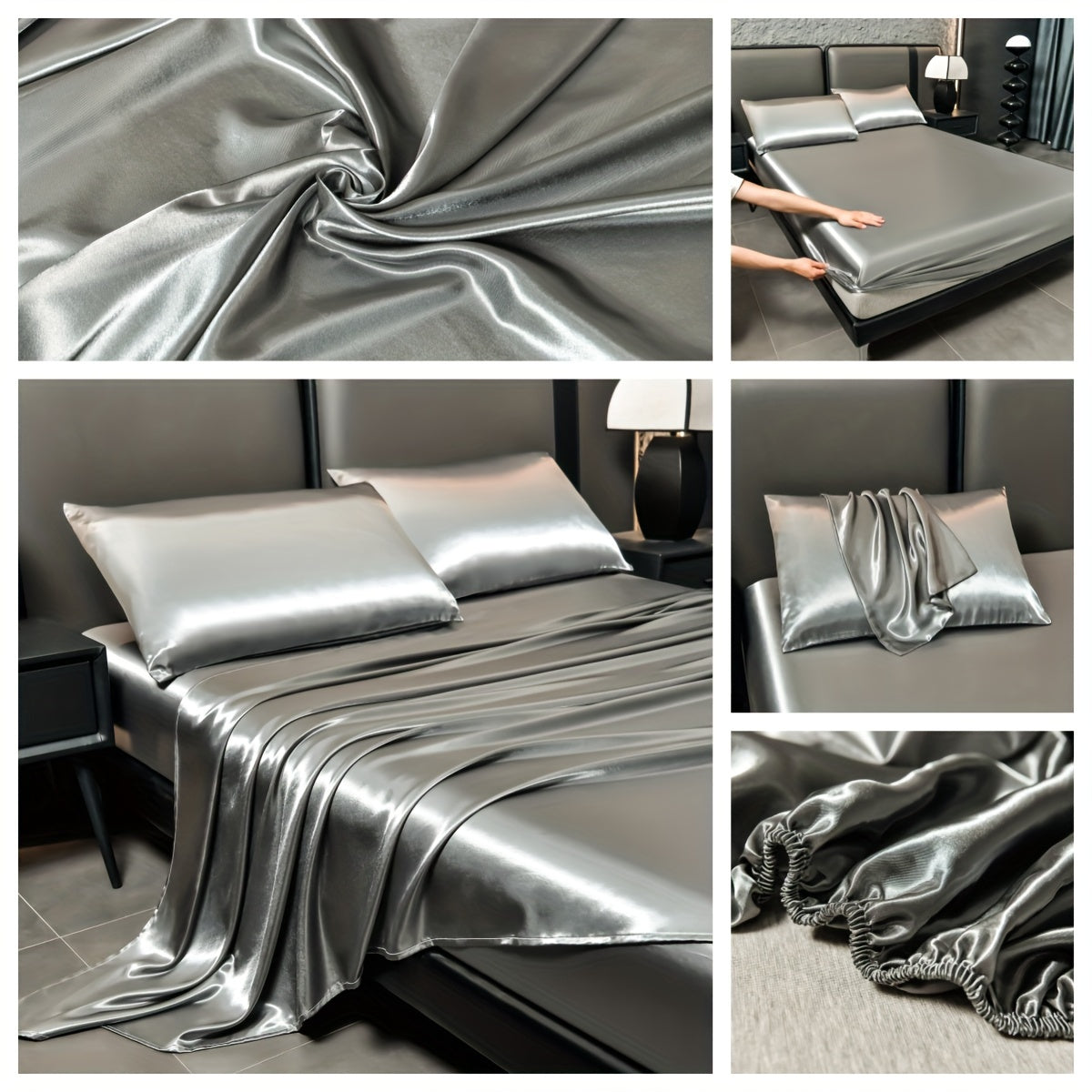Deluxe satin fitted bed sheet set (1pc flat bed sheet +1pc fitted bed sheet +2pcs pillowcase, without core) high brightness, non-slip, breathable, reversible, long washing as new, suitable for bedrooms, guest rooms, hote