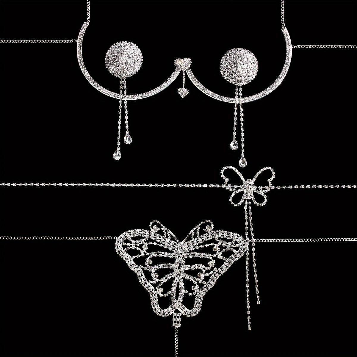 Set Women'S Sexy Exaggerated Sparkling Rhinestone Bikini Thong Body Chain Ensemble, Silver Plated, All-Year Round, Party Style, Fashion Jewelry Accessories 4pcs
