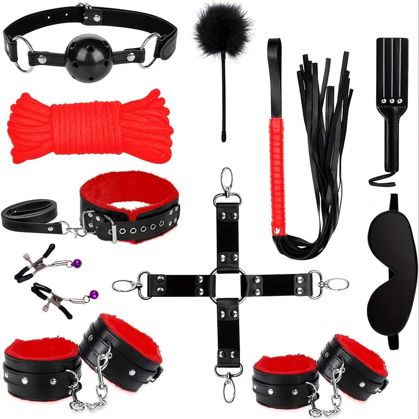 11pcs BDSM Bondage Adult Play Bondage Gag Blindfold Spanking Paddle Safe Bed BDSM Kit Cuffs Nipple Clamps Whip Ball Gag Rope Role Play Sex Toy For Women Couple (Black)