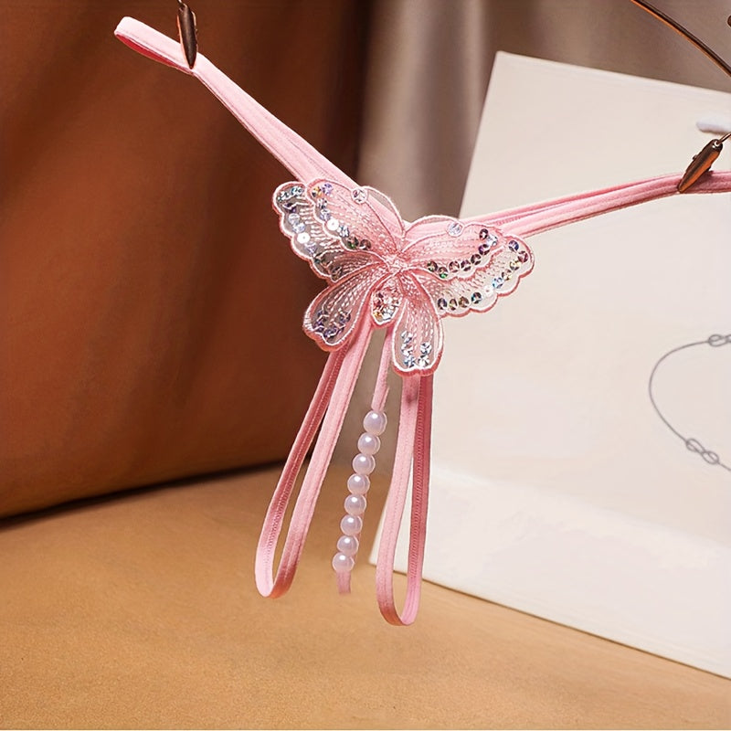 1pc Chic Womens Lingerie - Seductive G-string Thong with Butterfly Accent & Faux Pearl Detail - Crotchless, Comfortable, Perfect for Romantic Gifts