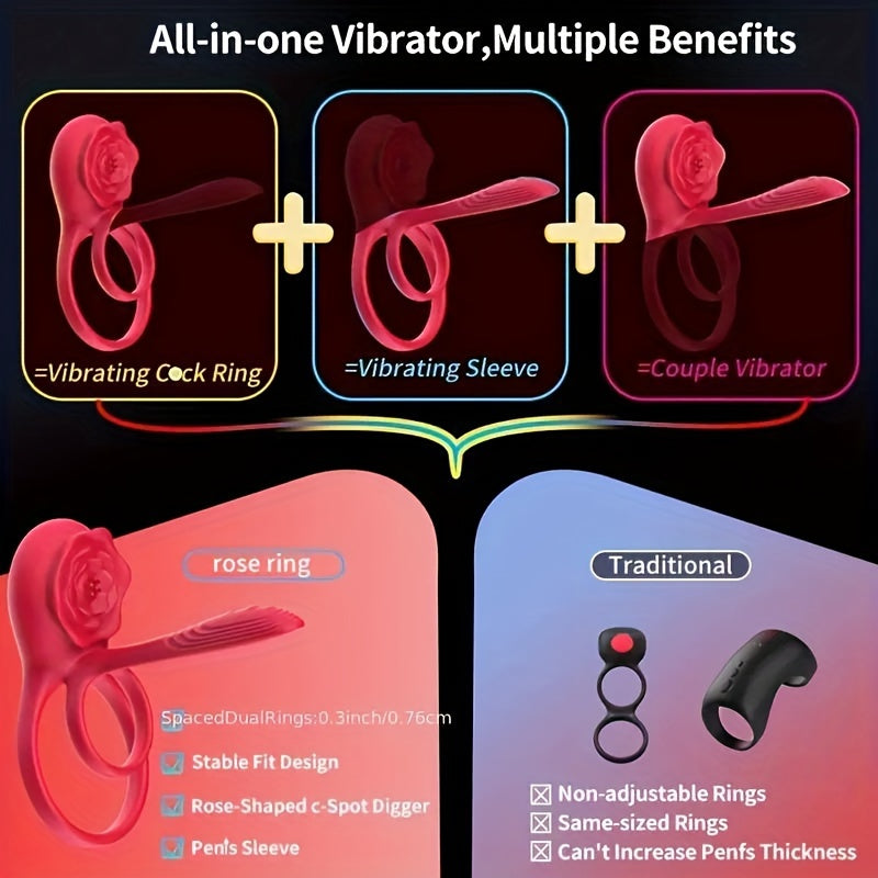 Double Vibrating Cock Ring with Rose Clitoral Stimulator, Electric Penis Sleeve Vibrator Couples Adult Sex Toys with G Spot Clitoris Stimulating, Dual Motors & 9 Vibrations