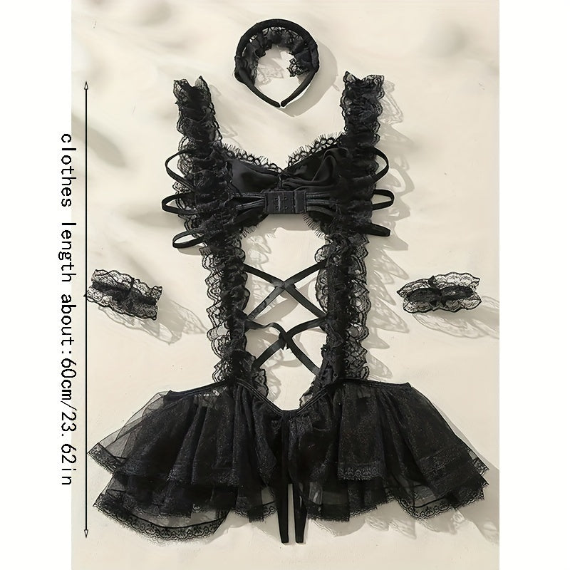 Cute Embroidered Mesh Teddy Bodysuit with Lace Trim, Geometric Pattern, Bow Detail, Adjustable Lace Dress - Includes Matching Hand and Head Accessories - Adult Polyester Blend Lingerie Set