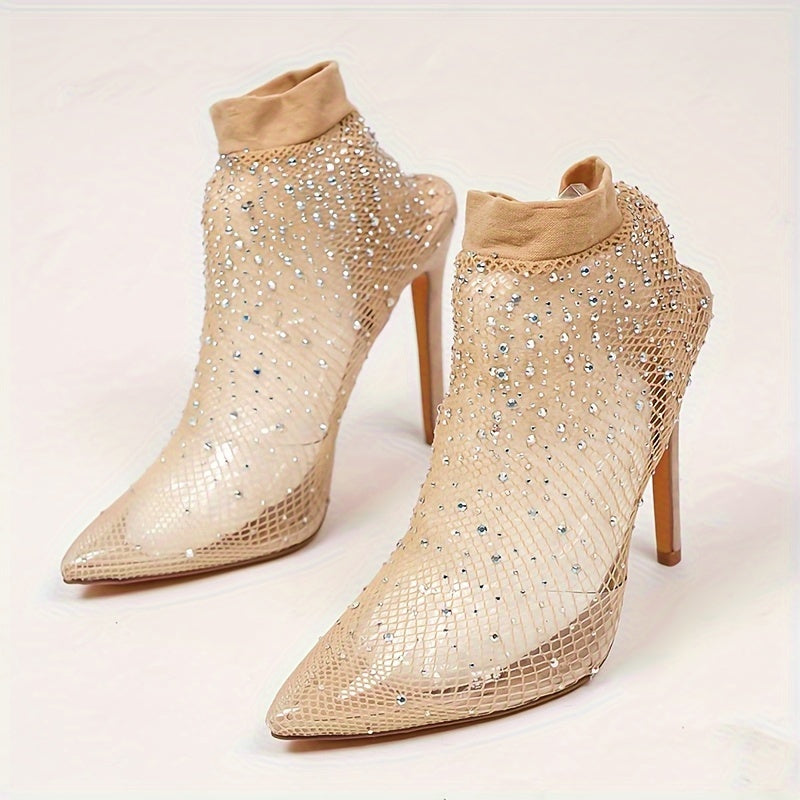 1pair Sexy High Heels Women's Summer Breathable Hollow Stocking Mesh Boots, New Rhinestone Pointed Toe Stiletto Heeled Elastic Socks Boots