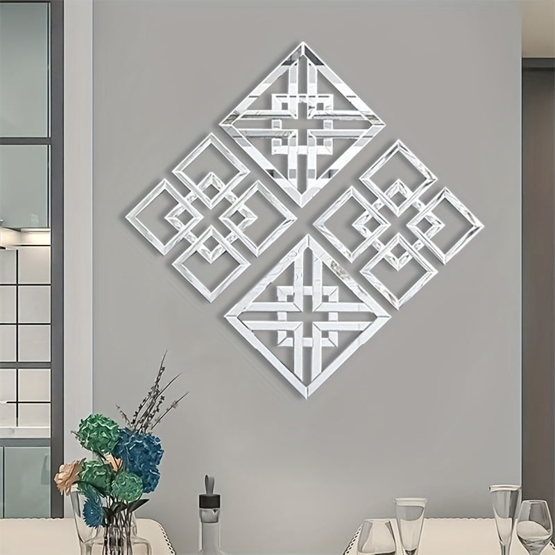 1 Piece Glam Style Square Wall-Mounted Mirror, Frameless Polished Finish, Glass Frame with Mirrored Edge, Horizontal Orientation, Interlocking Fretwork Design - Versatile Hanging Options for Living Room, Bedroom, And Entryway