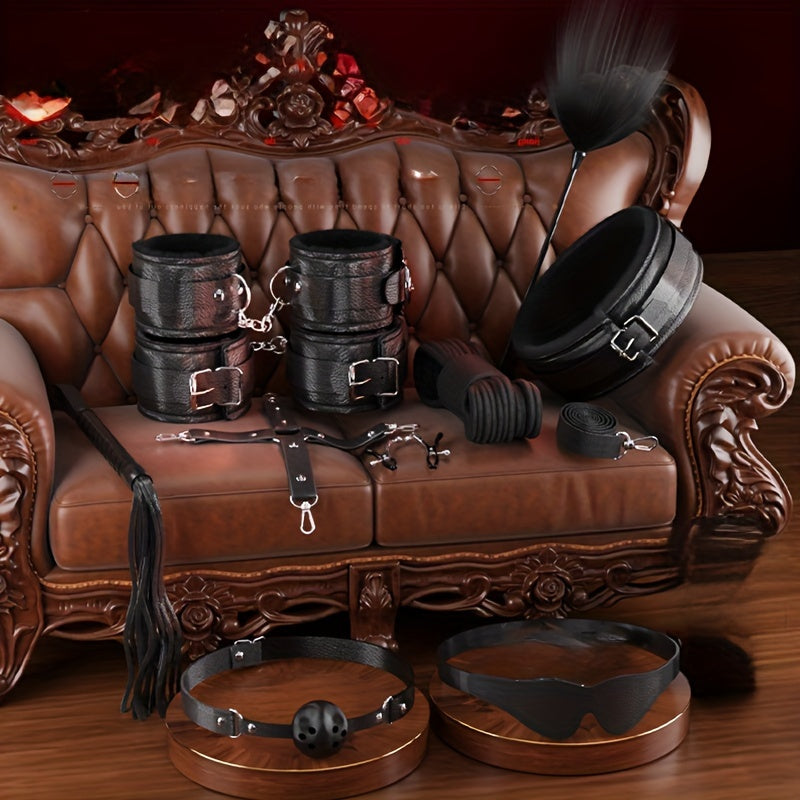10pcs SM Set Adult Sex Toys SM Props Sex Toys Bundle Bondage Handcuffs Sex Toys Training Goggles Faux Leather Whip Set