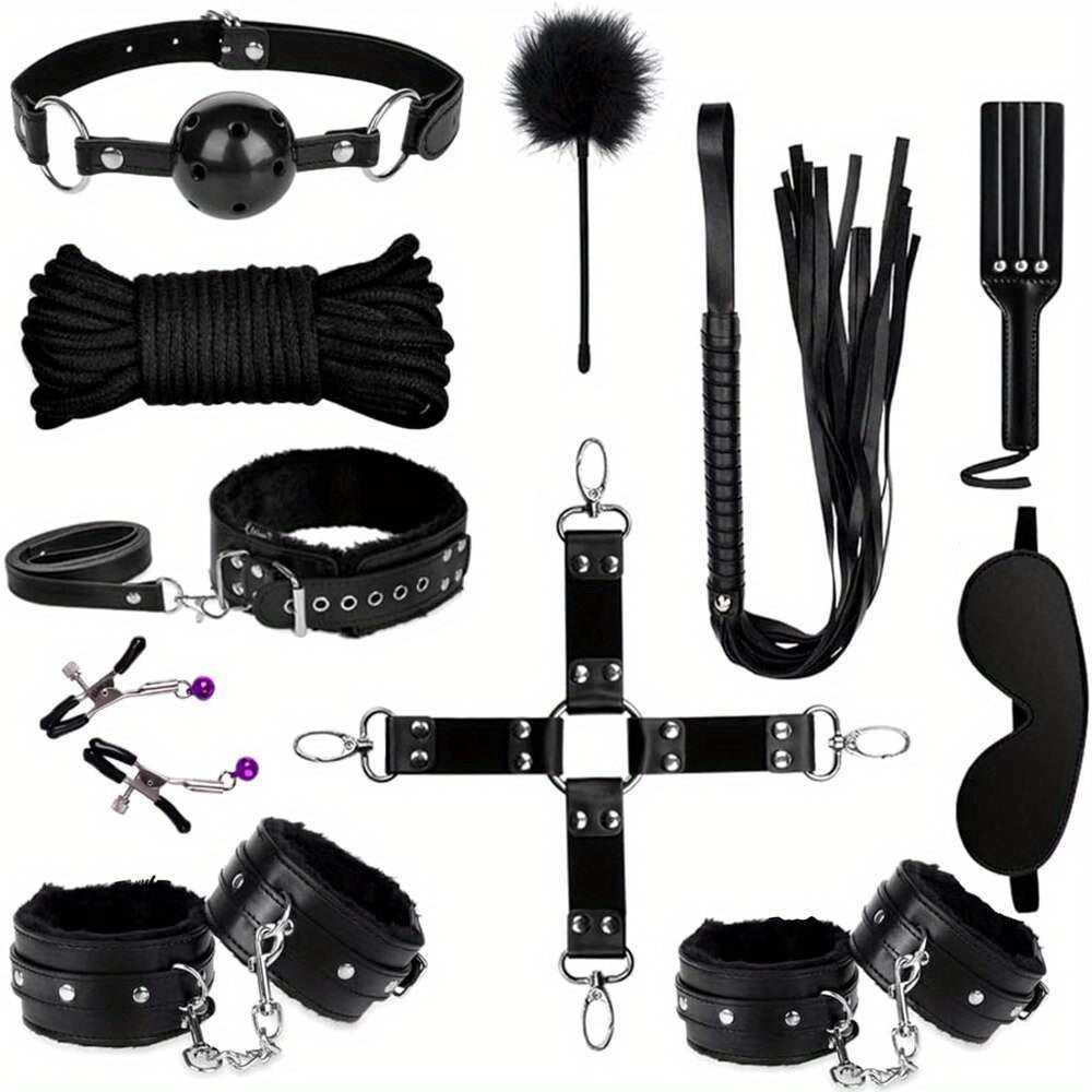 11pcs BDSM Bondage Adult Play Bondage Gag Blindfold Spanking Paddle Safe Bed BDSM Kit Cuffs Nipple Clamps Whip Ball Gag Rope Role Play Sex Toy For Women Couple (Black)