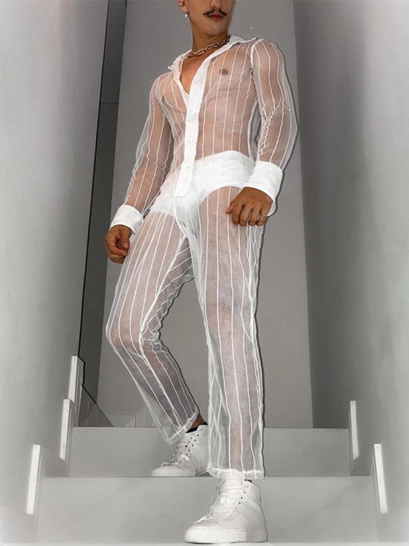 Men's Sexy Sheer Mesh 2pcs Set: Long Sleeve Shirt & Pants - Breathable, Stretch Fabric for Nightclub Wear