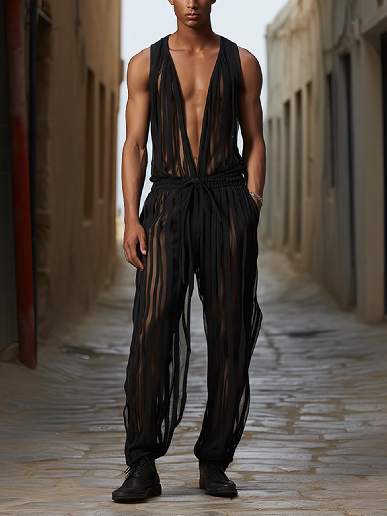 Men Hot Sexy Mesh Stripe Deep V Neck Sheer Sleeveless Nightclub Party Jumpsuit