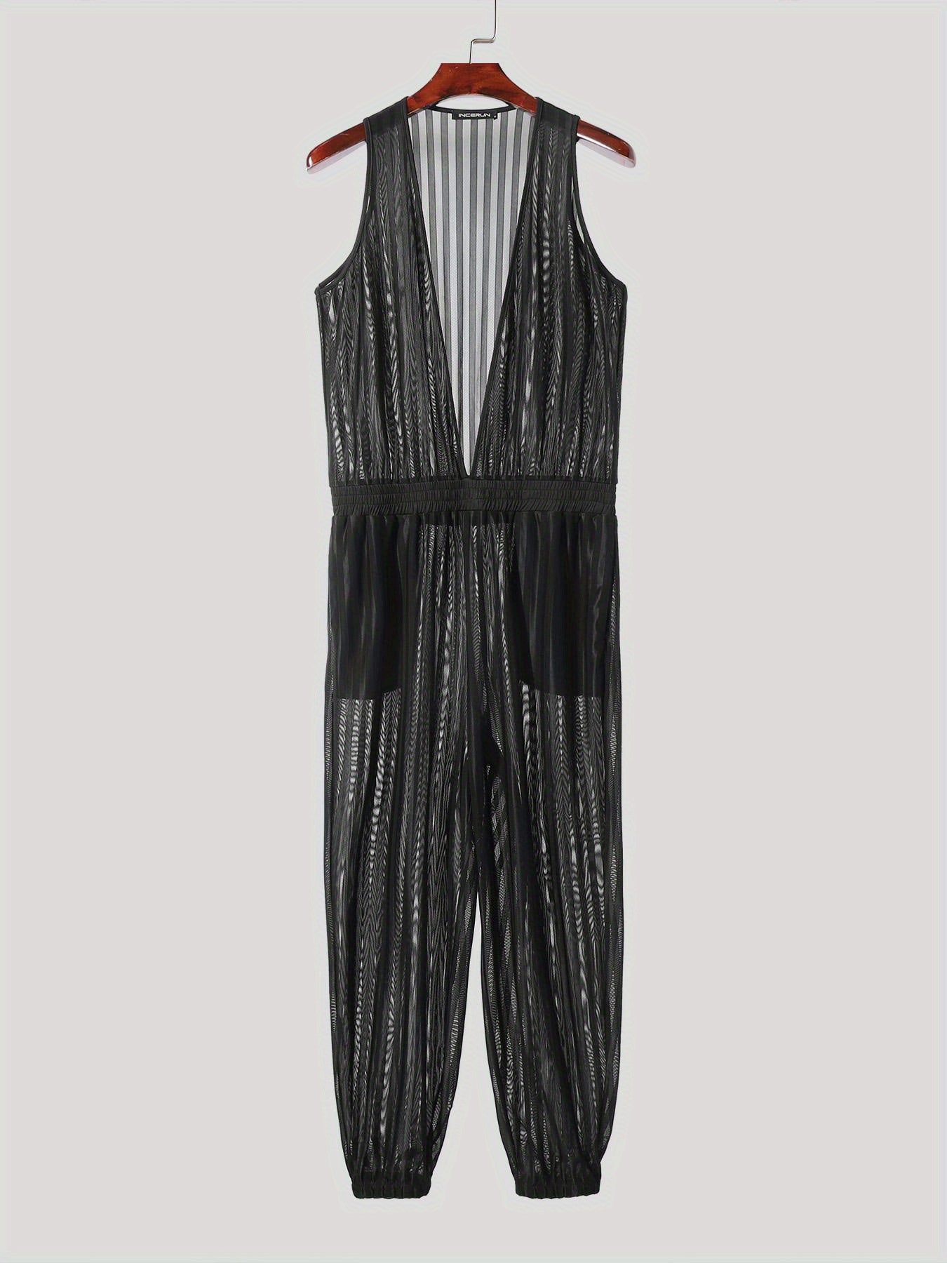 Men Hot Sexy Mesh Stripe Deep V Neck Sheer Sleeveless Nightclub Party Jumpsuit