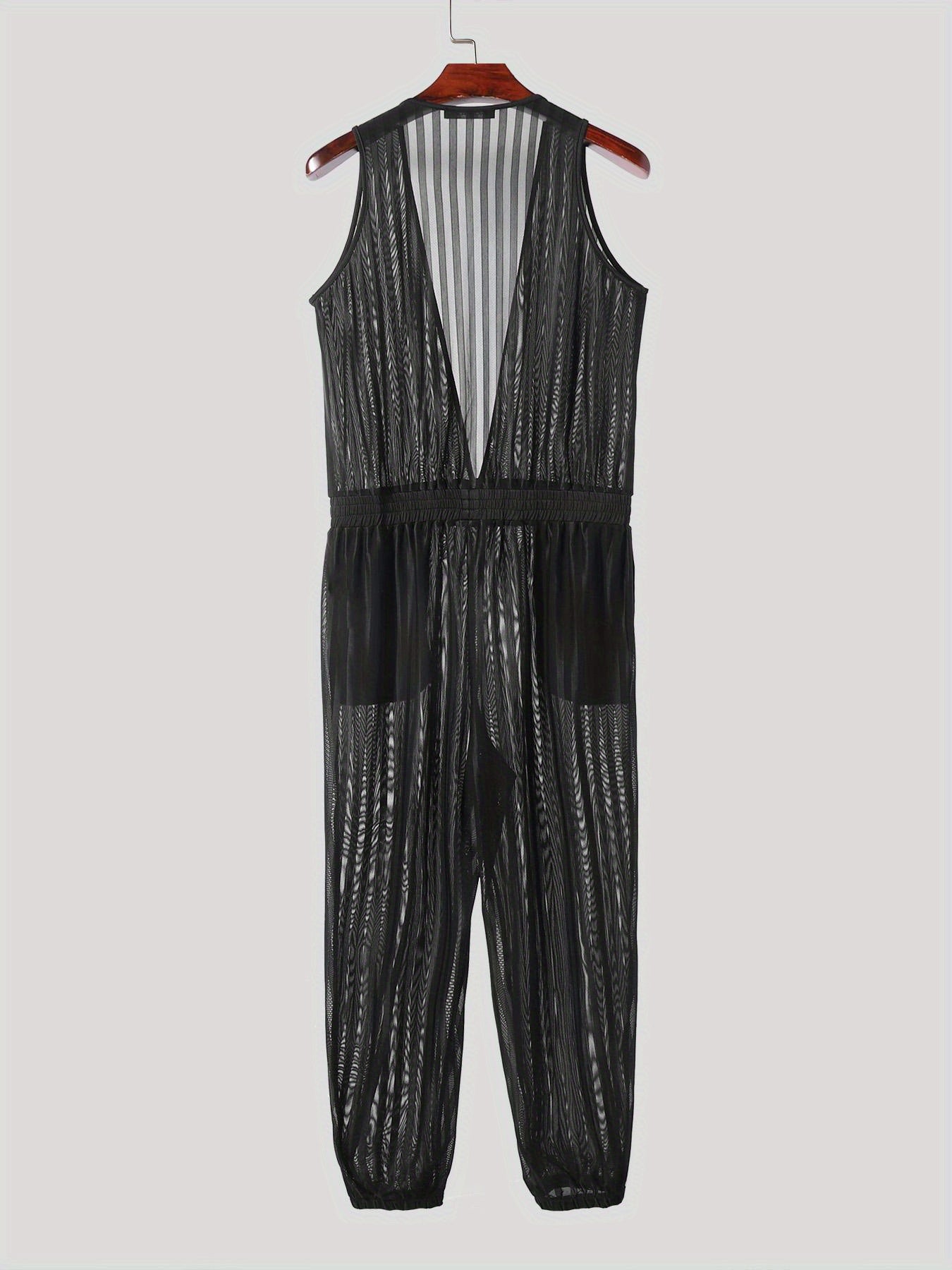 Men Hot Sexy Mesh Stripe Deep V Neck Sheer Sleeveless Nightclub Party Jumpsuit