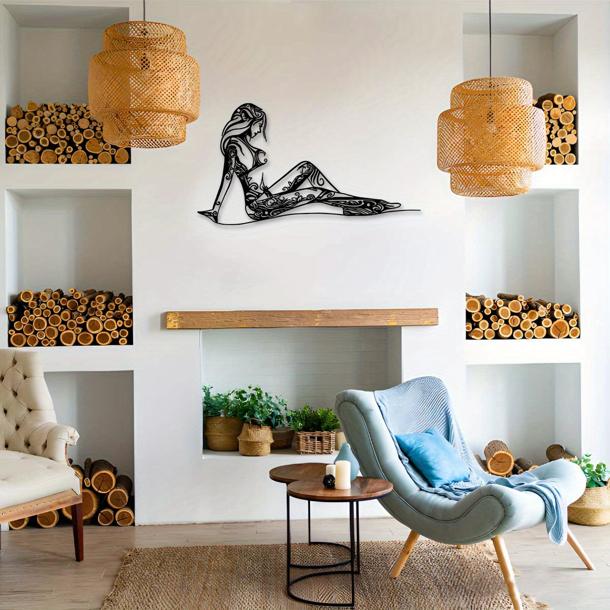 Elegant Metal Line Woman Sculpture - 30.0cm Outdoor Garden & Patio Decor, Indoor Wall Art for Living Room and Balcony, Perfect for Holidays