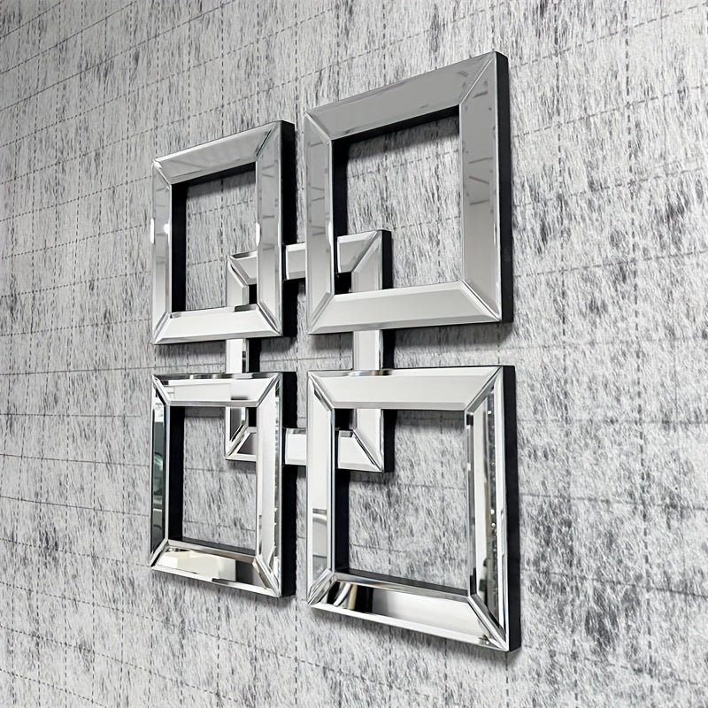 1 Piece Glam Style Square Wall-Mounted Mirror, Frameless Polished Finish, Glass Frame with Mirrored Edge, Horizontal Orientation, Interlocking Fretwork Design - Versatile Hanging Options for Living Room, Bedroom, And Entryway