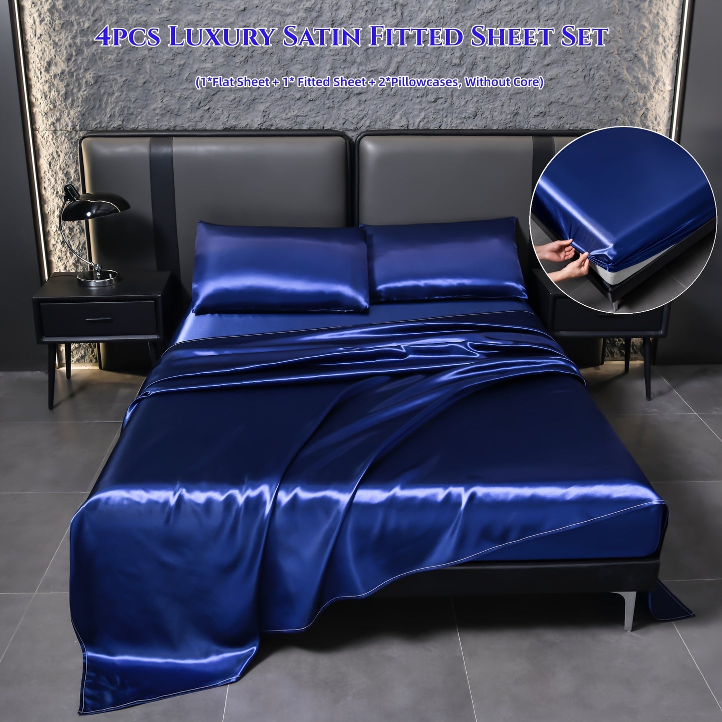Deluxe satin fitted bed sheet set (1pc flat bed sheet +1pc fitted bed sheet +2pcs pillowcase, without core) high brightness, non-slip, breathable, reversible, long washing as new, suitable for bedrooms, guest rooms, hote
