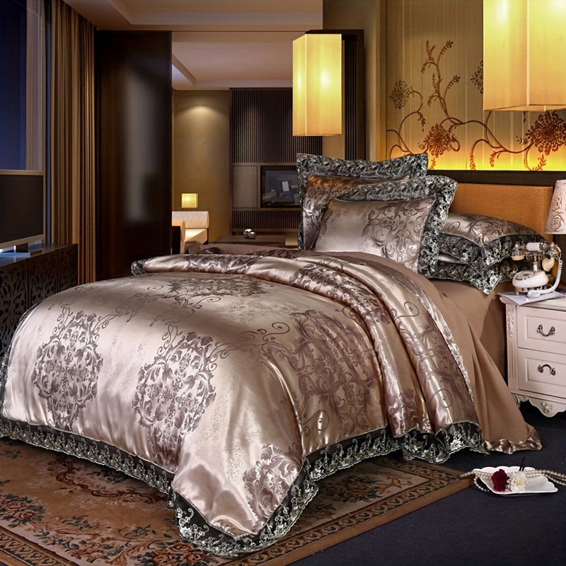 2/3pcs Quilt Cover Set, Luxurious Lace and Jacquard Satin Bedding Set, Comfortable and Smooth Quilt Cover, Suitable for Bedroom, Guest Room (1 * Quilt Cover + 1/2 * Pillowcase, No Core)