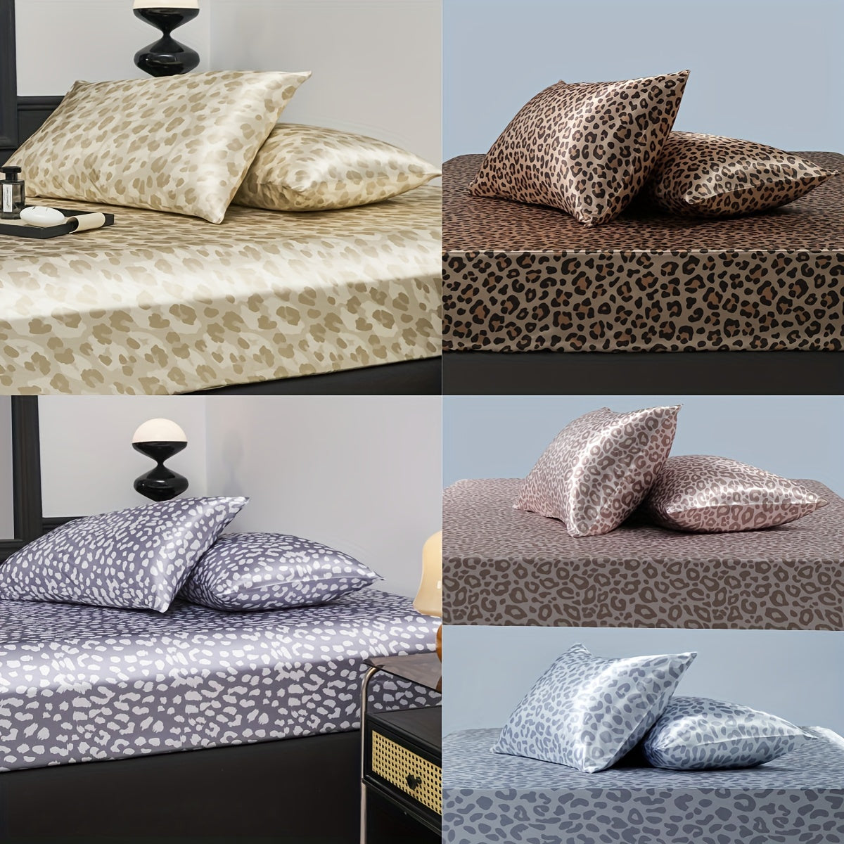Luxurious Leopard Print Satin Sheet Set - Soft, Breathable, and Hypoallergenic for Comfortable Sleeping in Home, Dorm, and Guest Room - Includes 1 Mat and 2 Pillowcases, Easy Care and Machine Washable (Core Not Included)3pcs