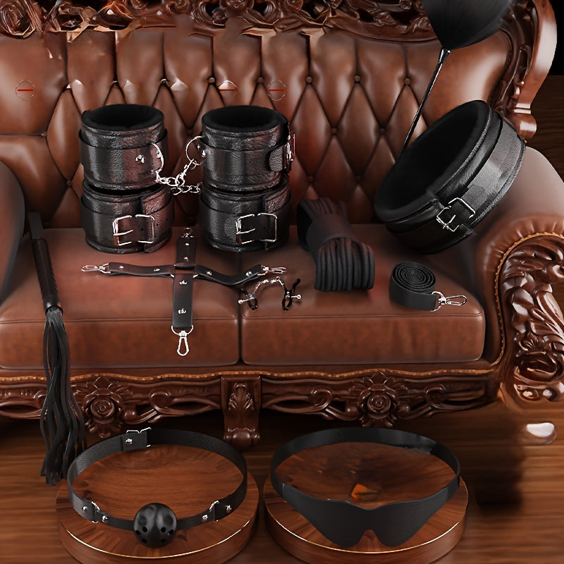 10pcs SM Set Adult Sex Toys SM Props Sex Toys Bundle Bondage Handcuffs Sex Toys Training Goggles Faux Leather Whip Set