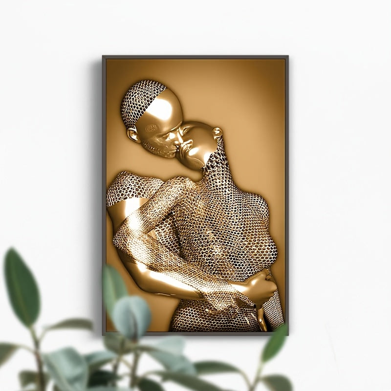 Romantic Golden Embrace Wall Art Poster, 30.48x45.72 cm - Frameless, Perfect for Bedroom, Living Room, Dining Area, and Bathroom Decor