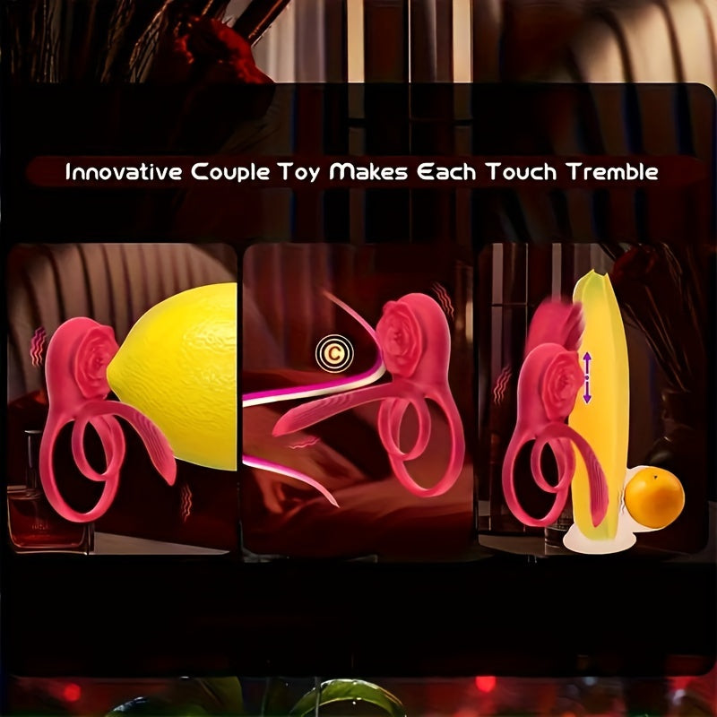 Double Vibrating Cock Ring with Rose Clitoral Stimulator, Electric Penis Sleeve Vibrator Couples Adult Sex Toys with G Spot Clitoris Stimulating, Dual Motors & 9 Vibrations