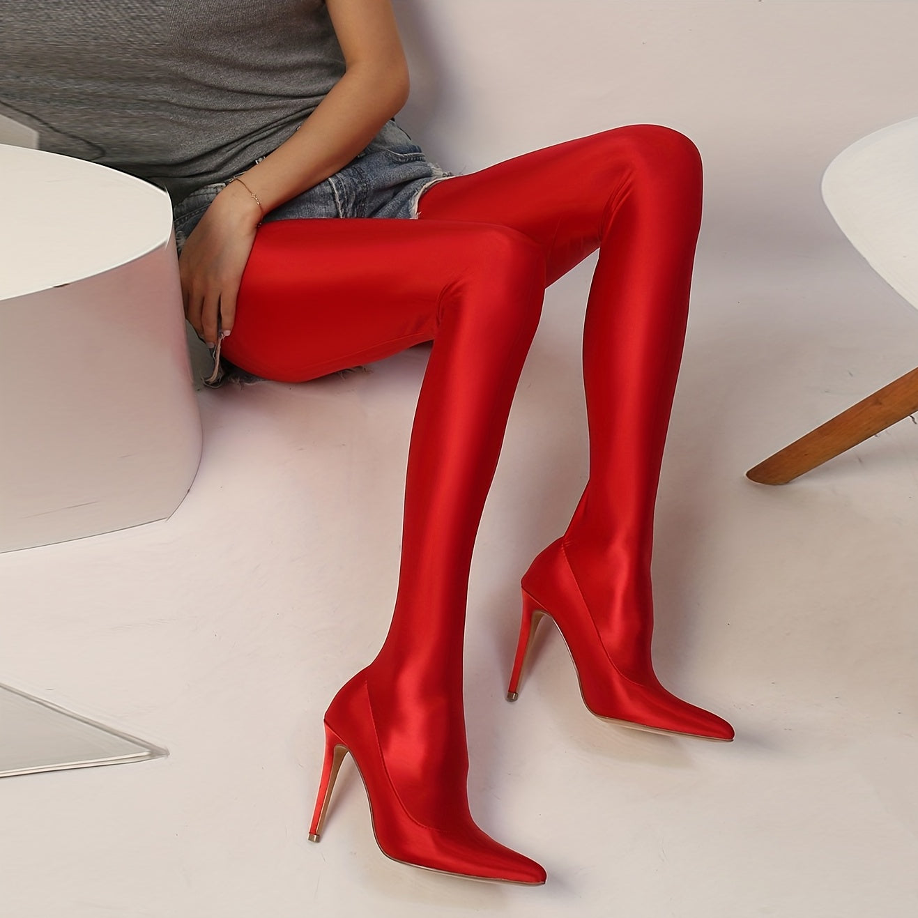 Women's Glossy Lycra Leggings Stiletto Booties, Comfy Pointed Toe Slip On Heels, Fashion Solid Color Boots