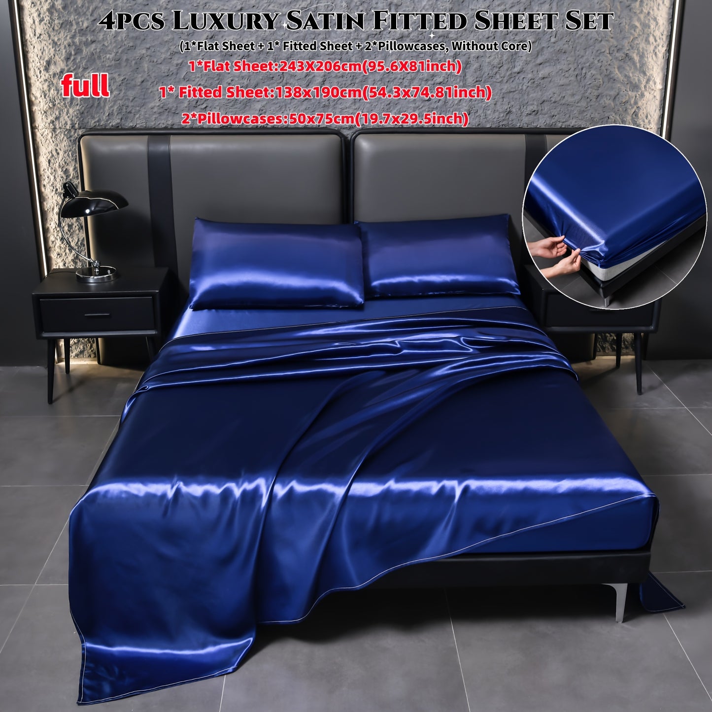Deluxe satin fitted bed sheet set (1pc flat bed sheet +1pc fitted bed sheet +2pcs pillowcase, without core) high brightness, non-slip, breathable, reversible, long washing as new, suitable for bedrooms, guest rooms, hote