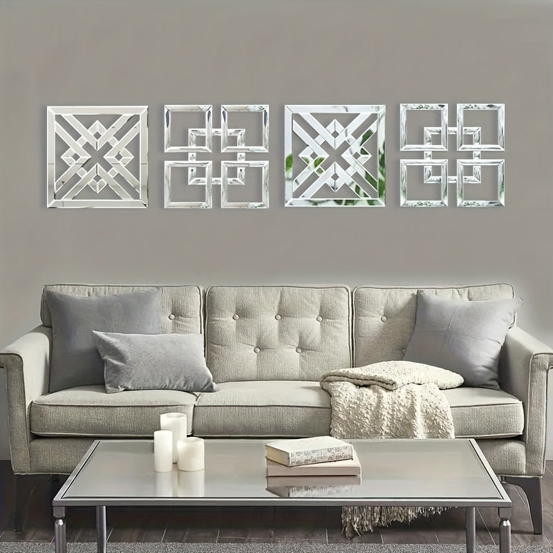 1 Piece Glam Style Square Wall-Mounted Mirror, Frameless Polished Finish, Glass Frame with Mirrored Edge, Horizontal Orientation, Interlocking Fretwork Design - Versatile Hanging Options for Living Room, Bedroom, And Entryway