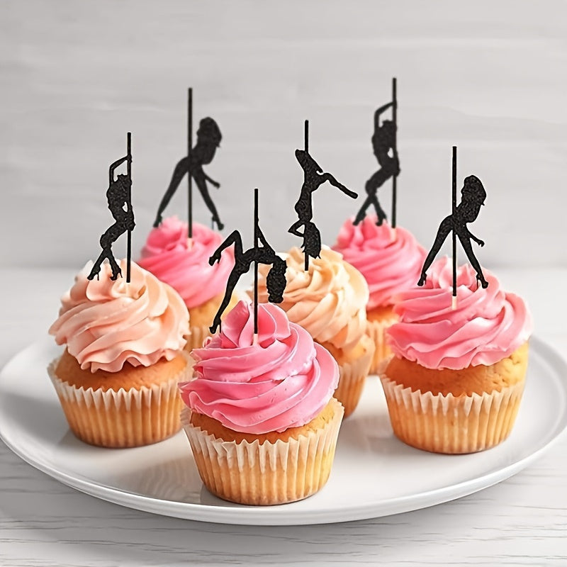 12PCS Sports Themed Pole Dancer Cake Toppers - Versatile Paper Cupcake Picks for Birthday, Anniversary, Bachelor Party, Bar & Bat Mitzvah - Elegant Black Glitter Decorations, No Feather, Non-Electric
