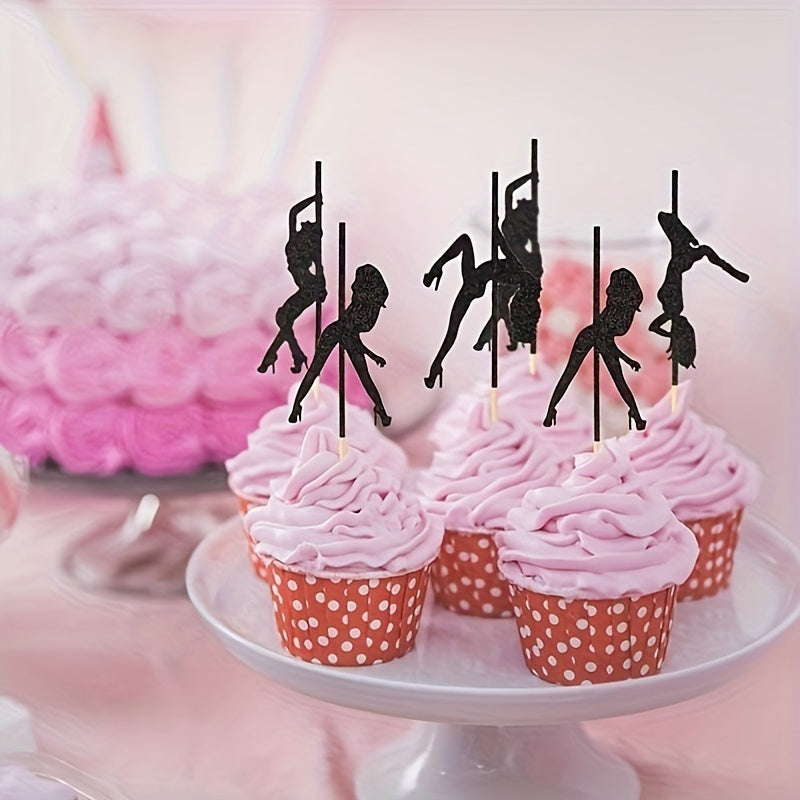 12PCS Sports Themed Pole Dancer Cake Toppers - Versatile Paper Cupcake Picks for Birthday, Anniversary, Bachelor Party, Bar & Bat Mitzvah - Elegant Black Glitter Decorations, No Feather, Non-Electric