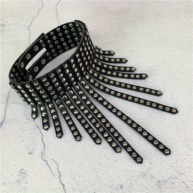 Women's Black Pu Necklace with Exaggerated Rivet Decoration & Tassel - Gothic Style Halloween