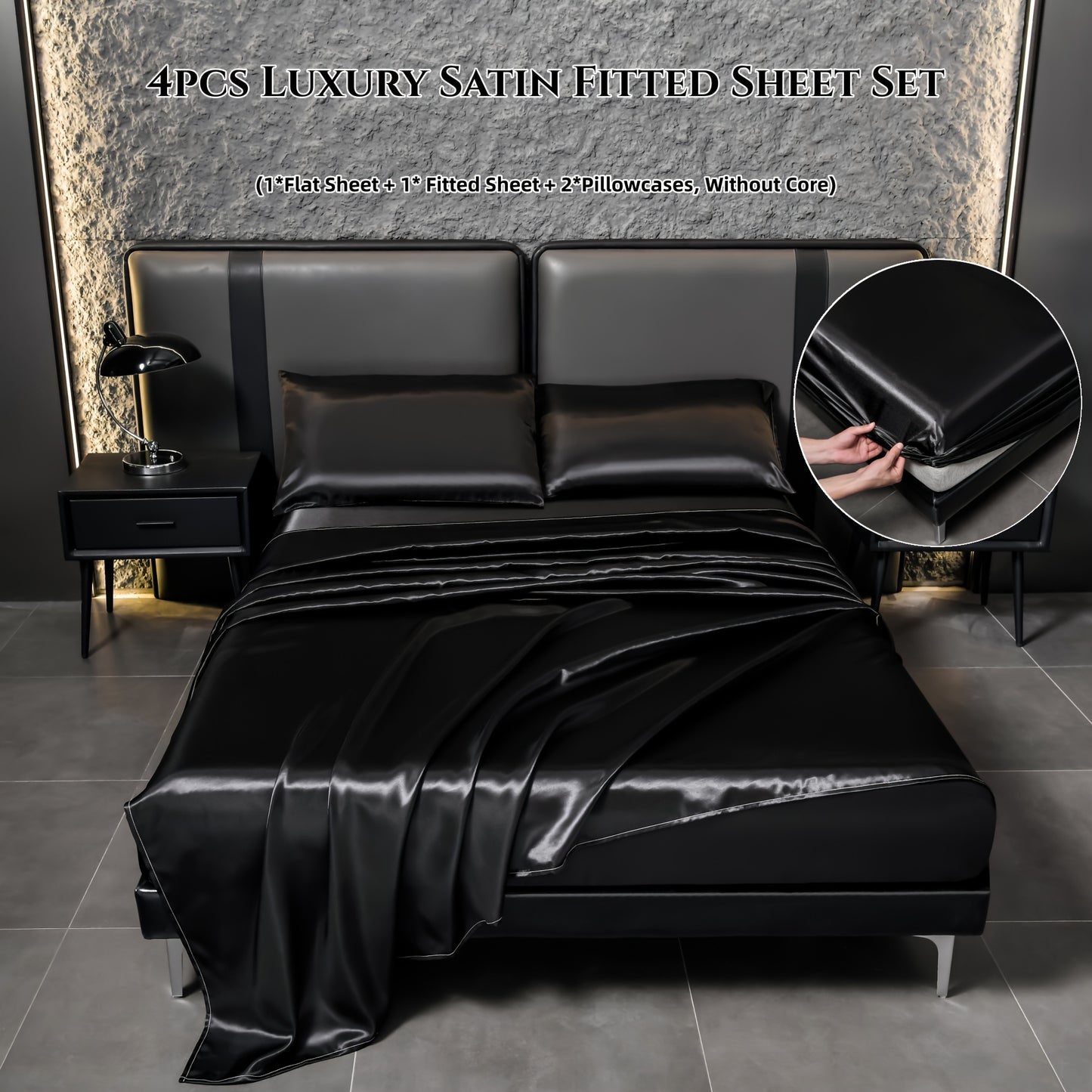 Deluxe satin fitted bed sheet set (1pc flat bed sheet +1pc fitted bed sheet +2pcs pillowcase, without core) high brightness, non-slip, breathable, reversible, long washing as new, suitable for bedrooms, guest rooms, hote