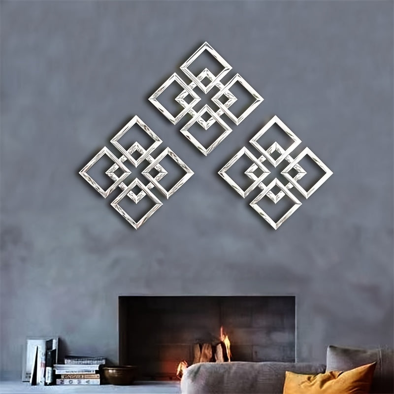 1 Piece Glam Style Square Wall-Mounted Mirror, Frameless Polished Finish, Glass Frame with Mirrored Edge, Horizontal Orientation, Interlocking Fretwork Design - Versatile Hanging Options for Living Room, Bedroom, And Entryway