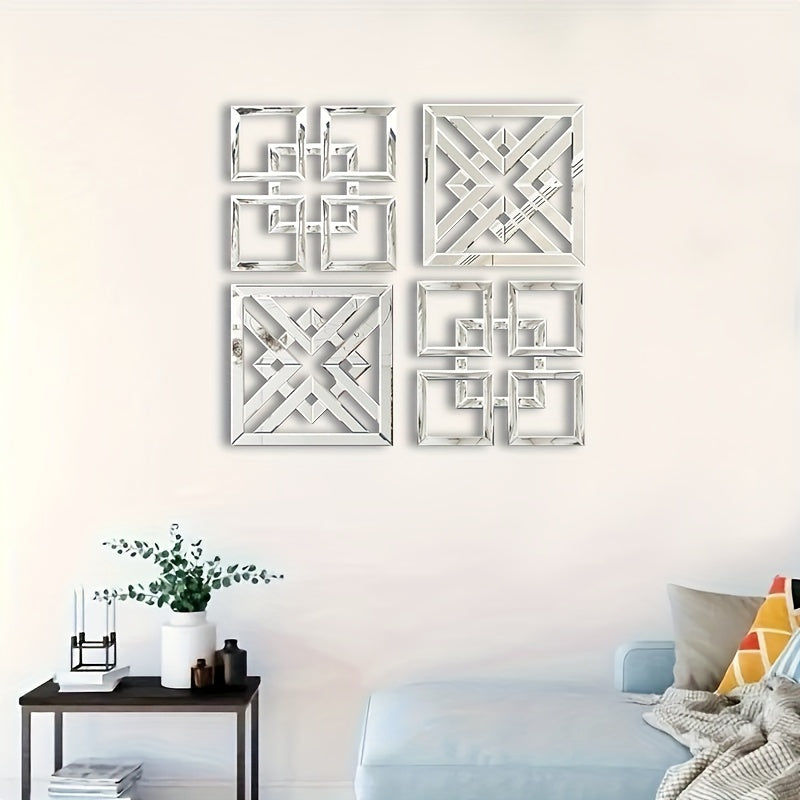 1 Piece Glam Style Square Wall-Mounted Mirror, Frameless Polished Finish, Glass Frame with Mirrored Edge, Horizontal Orientation, Interlocking Fretwork Design - Versatile Hanging Options for Living Room, Bedroom, And Entryway