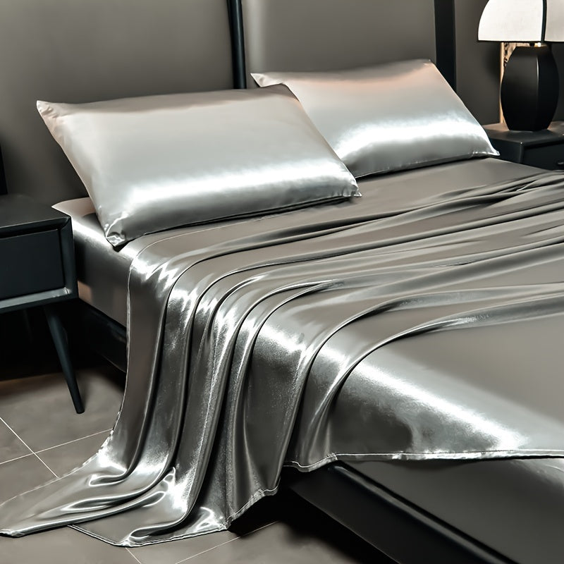 Deluxe satin fitted bed sheet set (1pc flat bed sheet +1pc fitted bed sheet +2pcs pillowcase, without core) high brightness, non-slip, breathable, reversible, long washing as new, suitable for bedrooms, guest rooms, hote