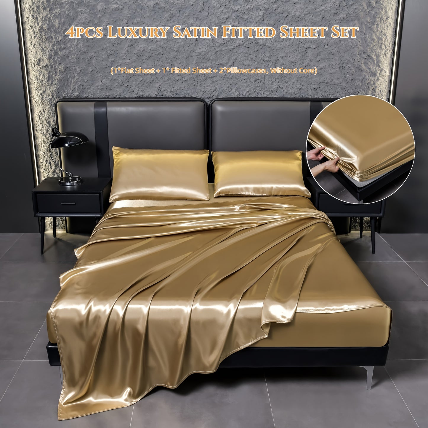 Deluxe satin fitted bed sheet set (1pc flat bed sheet +1pc fitted bed sheet +2pcs pillowcase, without core) high brightness, non-slip, breathable, reversible, long washing as new, suitable for bedrooms, guest rooms, hote