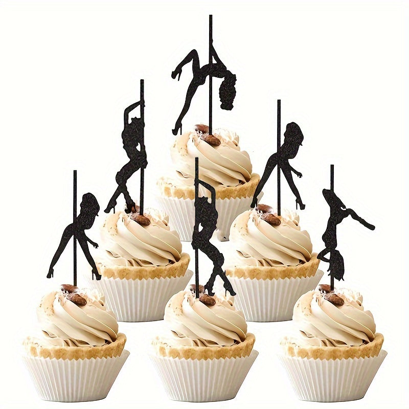 12PCS Sports Themed Pole Dancer Cake Toppers - Versatile Paper Cupcake Picks for Birthday, Anniversary, Bachelor Party, Bar & Bat Mitzvah - Elegant Black Glitter Decorations, No Feather, Non-Electric