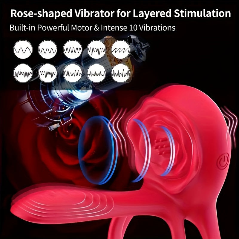 Double Vibrating Cock Ring with Rose Clitoral Stimulator, Electric Penis Sleeve Vibrator Couples Adult Sex Toys with G Spot Clitoris Stimulating, Dual Motors & 9 Vibrations