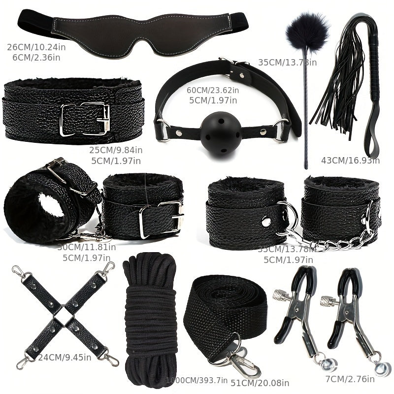 10pcs SM Set Adult Sex Toys SM Props Sex Toys Bundle Bondage Handcuffs Sex Toys Training Goggles Faux Leather Whip Set