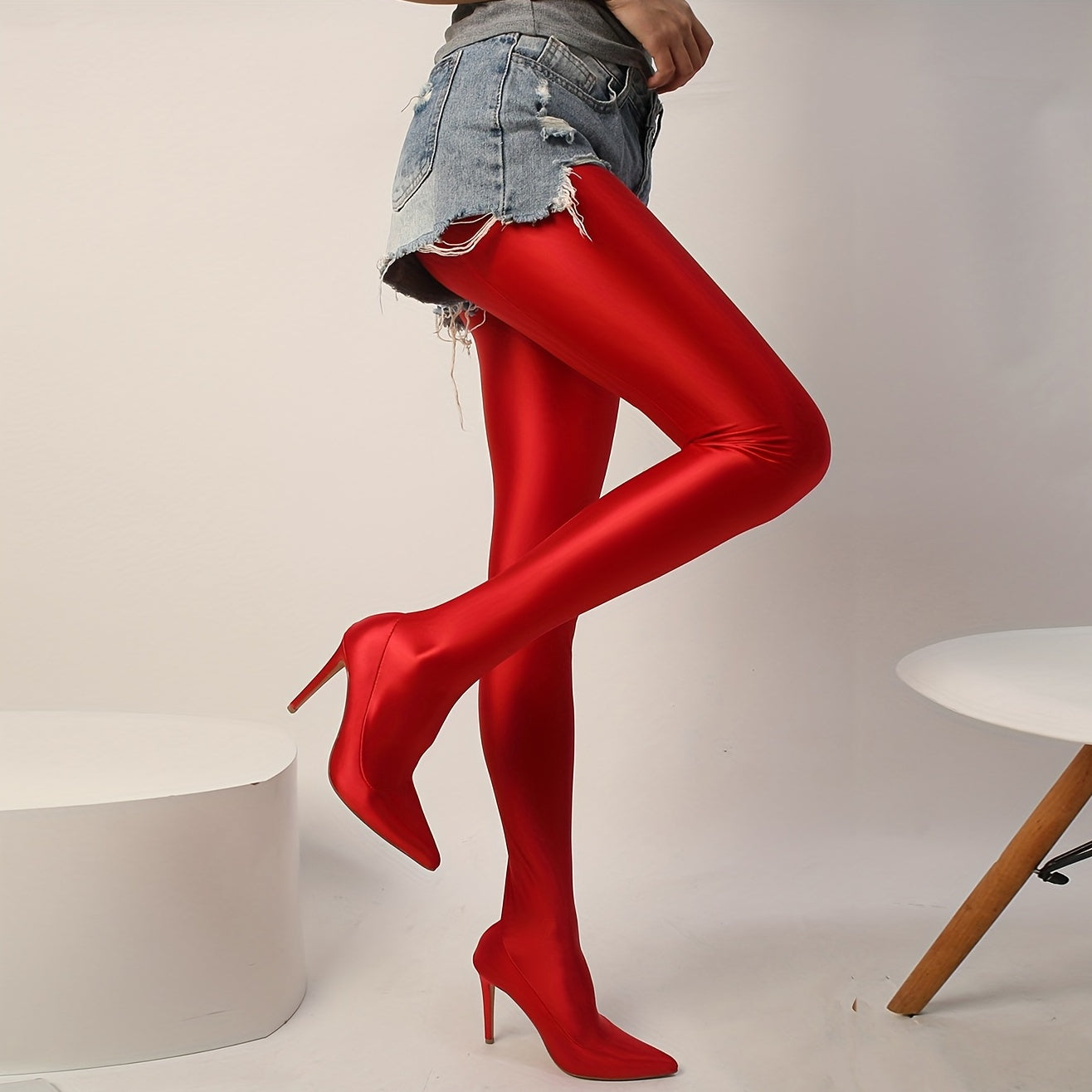 Women's Glossy Lycra Leggings Stiletto Booties, Comfy Pointed Toe Slip On Heels, Fashion Solid Color Boots