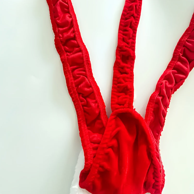 Santa Claus-Themed Men's Novelty Underwear - Sexy Red Velvet, Off-Shoulder Design with Knit Fabric & Spandex Blend - Perfect for Christmas, Valentine's Day Gifts & Fun Parties, Christmas Clothing, Nylon, Adult Party Supplies