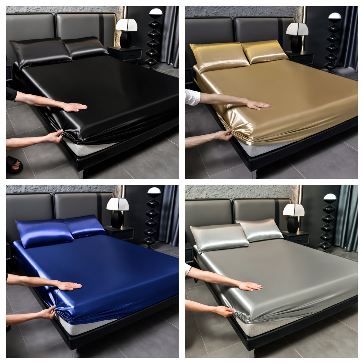 Deluxe satin fitted bed sheet set (1pc flat bed sheet +1pc fitted bed sheet +2pcs pillowcase, without core) high brightness, non-slip, breathable, reversible, long washing as new, suitable for bedrooms, guest rooms, hote