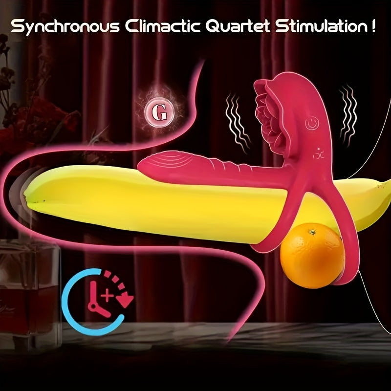 Double Vibrating Cock Ring with Rose Clitoral Stimulator, Electric Penis Sleeve Vibrator Couples Adult Sex Toys with G Spot Clitoris Stimulating, Dual Motors & 9 Vibrations