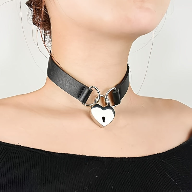 Gothic Sexy Black PU Leather Choker with Heart Lock Pendant - Daily & Halloween Accessory, No Mosaic, Unique Holiday Themed Necklace for Summer