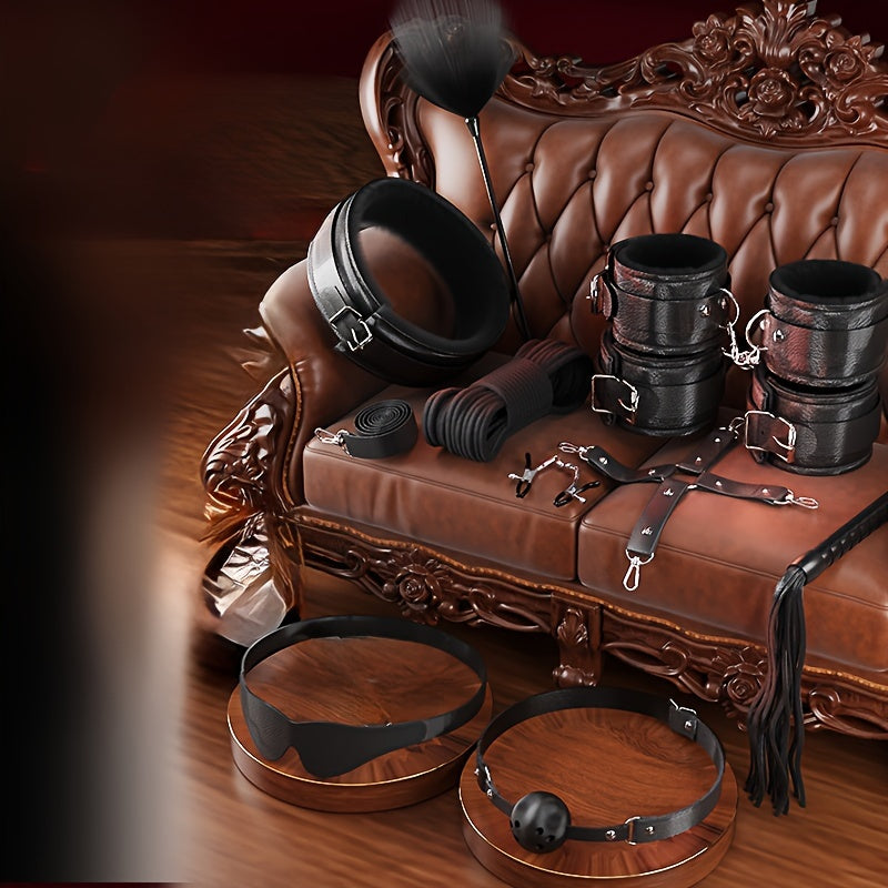 10pcs SM Set Adult Sex Toys SM Props Sex Toys Bundle Bondage Handcuffs Sex Toys Training Goggles Faux Leather Whip Set