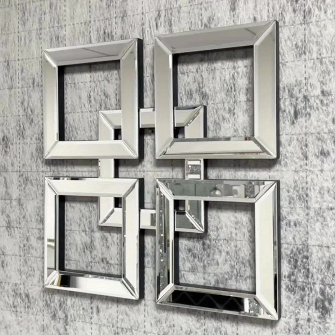 1 Piece Glam Style Square Wall-Mounted Mirror, Frameless Polished Finish, Glass Frame with Mirrored Edge, Horizontal Orientation, Interlocking Fretwork Design - Versatile Hanging Options for Living Room, Bedroom, And Entryway
