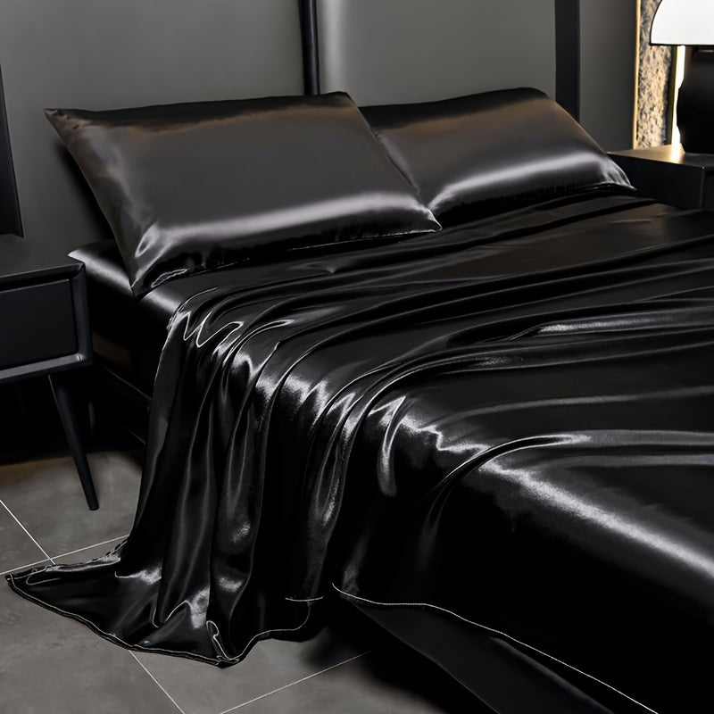 Deluxe satin fitted bed sheet set (1pc flat bed sheet +1pc fitted bed sheet +2pcs pillowcase, without core) high brightness, non-slip, breathable, reversible, long washing as new, suitable for bedrooms, guest rooms, hote