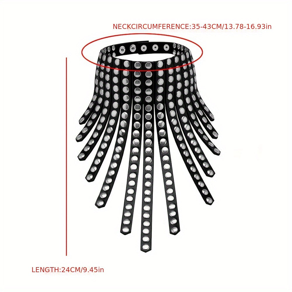 Women's Black Pu Necklace with Exaggerated Rivet Decoration & Tassel - Gothic Style Halloween