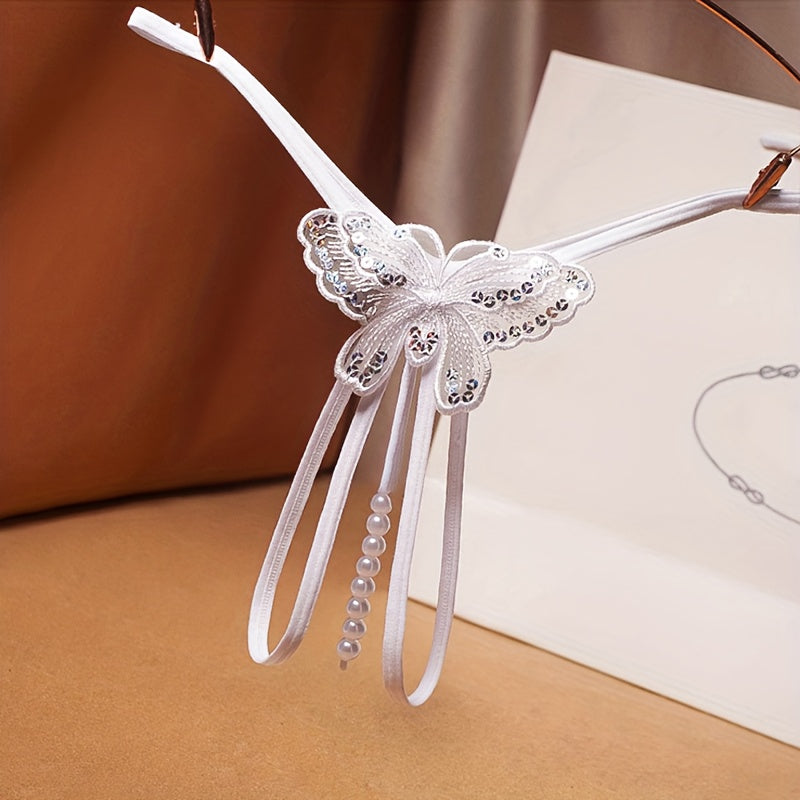 1pc Chic Womens Lingerie - Seductive G-string Thong with Butterfly Accent & Faux Pearl Detail - Crotchless, Comfortable, Perfect for Romantic Gifts