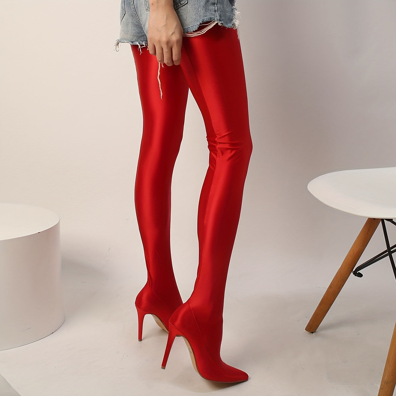 Women's Glossy Lycra Leggings Stiletto Booties, Comfy Pointed Toe Slip On Heels, Fashion Solid Color Boots