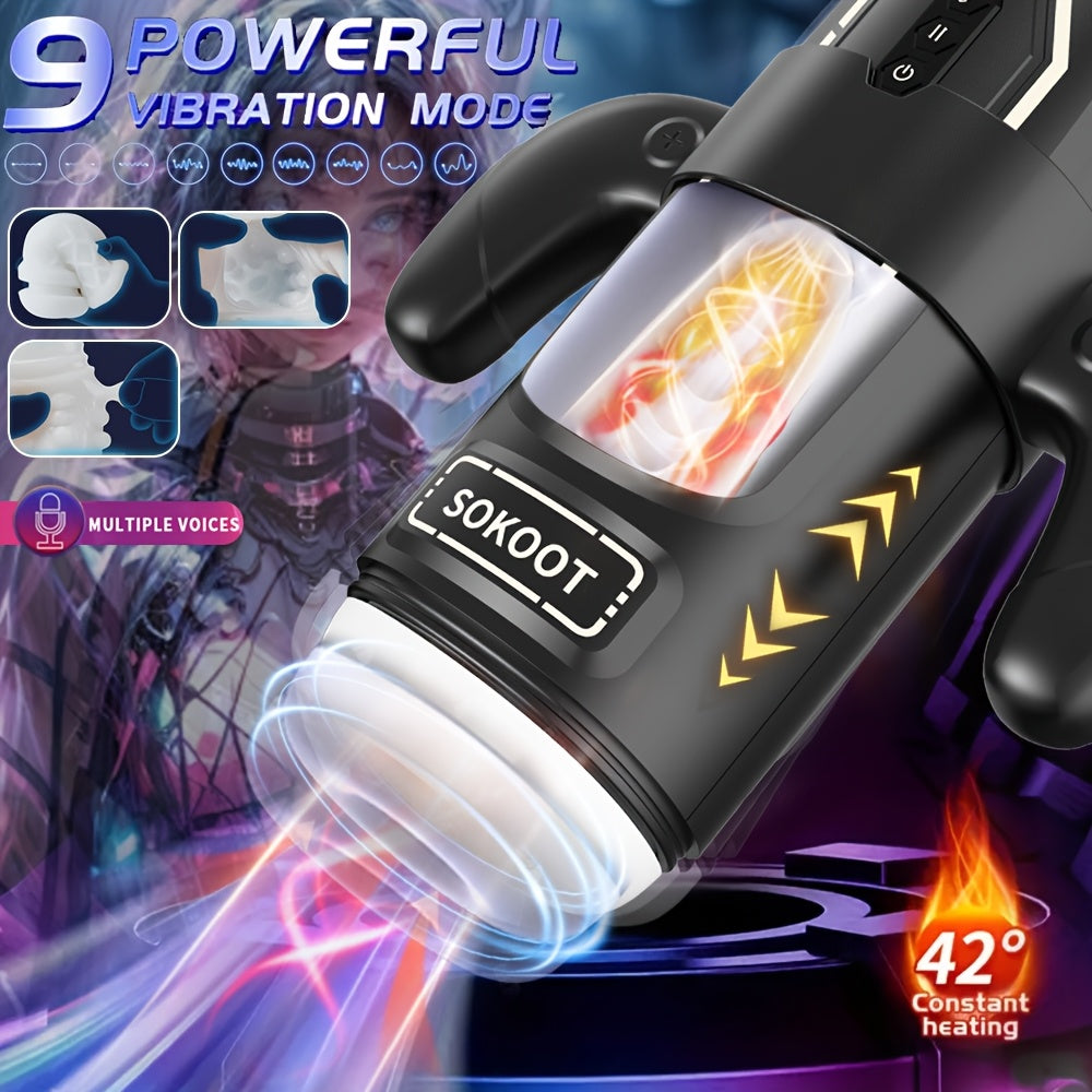 SOKOOT Electric Masturbator for Men - Silicone Vibration Masturbation Cup with 9 Vibrations, 6 Thrusting, 3 Sucking Modes, Heating, Auto Sucking, Detachable Handle, Penis Pump Pocket Girth Wrap, Intensifying Stamina Train