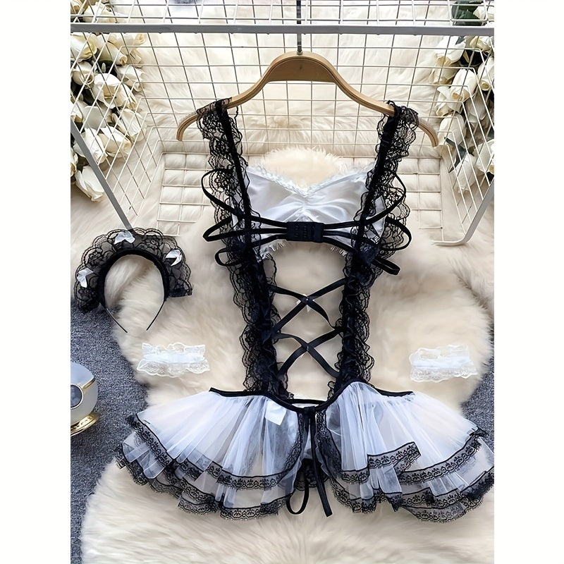 Cute Embroidered Mesh Teddy Bodysuit with Lace Trim, Geometric Pattern, Bow Detail, Adjustable Lace Dress - Includes Matching Hand and Head Accessories - Adult Polyester Blend Lingerie Set
